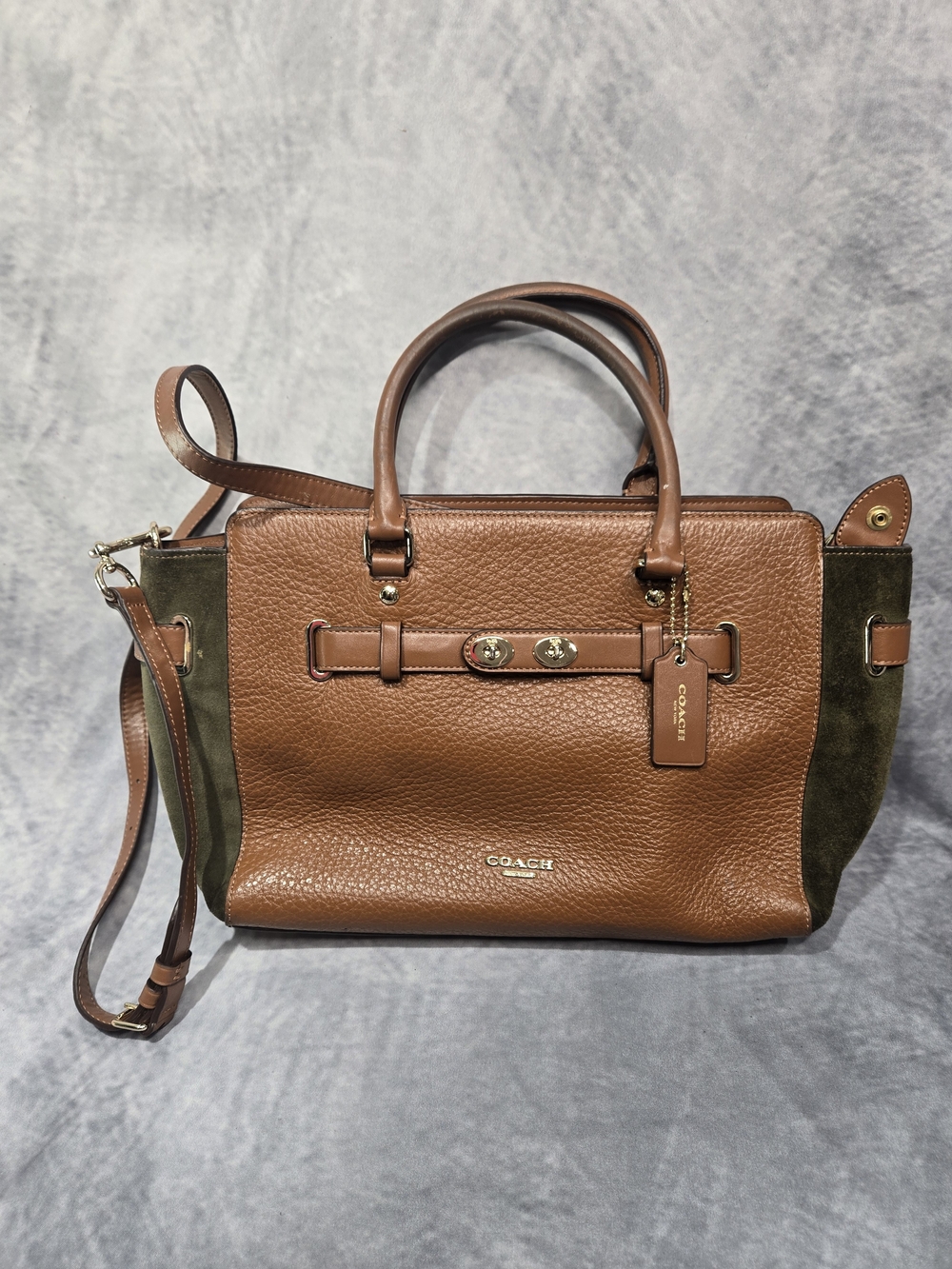 Coach Brown Pebbled Leather Satchel with Olive Suede Panels